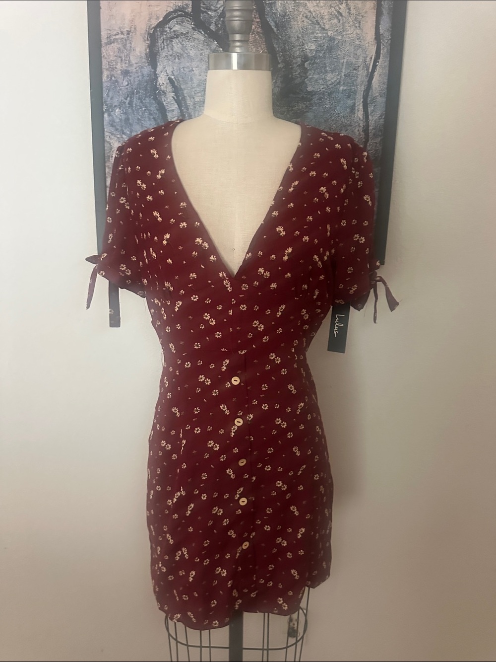 Lulu's Maroon Floral Button-Front Mini Dress